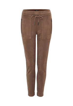 Bruine joggerbroeken van zacht materiaal dat lijkt op suède, met een elastische tailleband met trekkoord en twee ritszakken aan de zijkanten.
