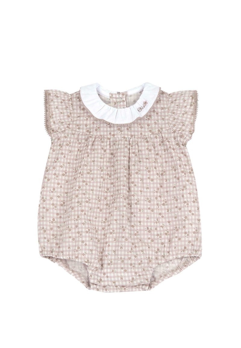 Combinaison bébé en plaid marron et crème avec de courtes manches bouffantes, un col froncé blanc et une fermeture à boutons à l'arrière.