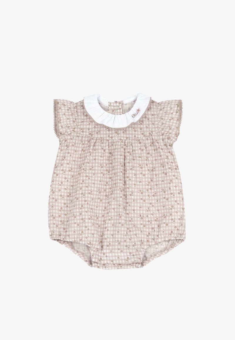 Combinaison bébé en plaid marron et crème avec de courtes manches bouffantes, un col froncé blanc et une fermeture à boutons à l'arrière.