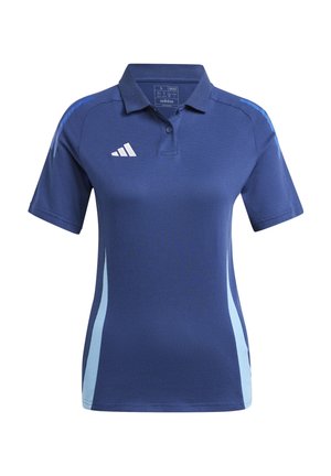 Marineblauwe polo met lichtblauwe zijpanelen, korte mouwen en een kraag. Bevat een wit Adidas-logo op de bovenste linkerzijde.