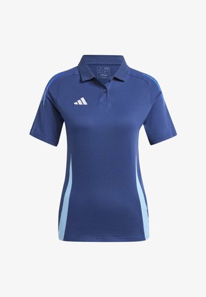 Marineblauwe polo met lichtblauwe zijpanelen, korte mouwen en een kraag. Bevat een wit Adidas-logo op de bovenste linkerzijde.