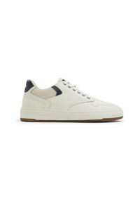 Sneakers made of white textured leather with navy accents, round toe, lace-up front, and a gum rubber sole.
