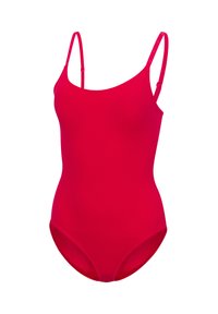 Roter Einteiler-Badeanzug mit dünnen, verstellbaren Schulterriemen und einem tiefen Rundhalsausschnitt vor weißem Hintergrund.