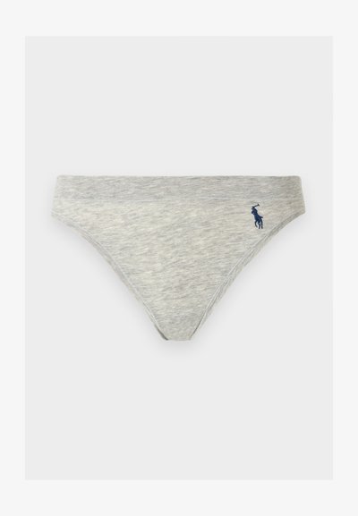 Ανοιχτό γκρι βαμβακερό γυναικείο μπικίνι με σκουρότερη γκρι ζώνη μέσης και μικρό κεντημένο λογότυπο σε ναυτικό μπλε στη δεξιά πλευρά.