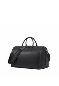 Black leather duffel bag with rounded shape, dual handles, and a detachable shoulder strap. Smooth texture with subtle brand logo detail.