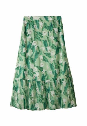 Blomstermønstret midi-nederdel i lysegrønt stof, med illustrerede kædevioletmærker og lagdelt flæse detalje ved kanten.