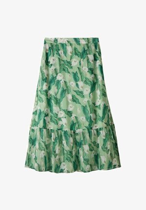 Midihame kukkakuosisena vaaleanvihreästä kankaasta, jossa on calla-liljaaiheita ja kerroksellinen röyhelöyksityiskohta helman reunassa.