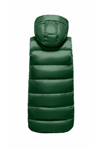Groene puffer vest met capuchon, gekenmerkt door een gewatteerd ontwerp en gladde, reflecterende stof. Mouwloos en knie-lengte met een ronde onderrand.