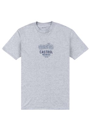 Grå bomulds t-shirt med et blåt grafisk motiv af en motorcykel og teksten "CASTROL MOTOROLIE" nedenfor i mørkerød, rund hals-design.