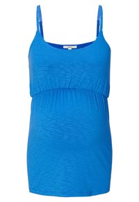 Modrý těhotenský top s tenkými ramínky, nařaseným pasem a měkkou, pružnou látkou se slabou texturou. Kulatý výstřih a standardní délka.