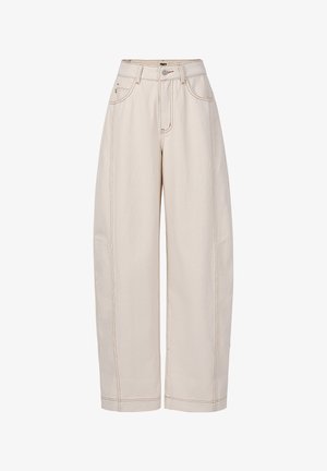 High-waisted wide-leg beige trousers with front pockets, visible brown stitching, belt loops, and button closure.