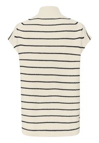 Pulover din tricot crem cu maneci scurte, având dungi negre orizontale. Guler înalt și țesătură texturată. Design drept.