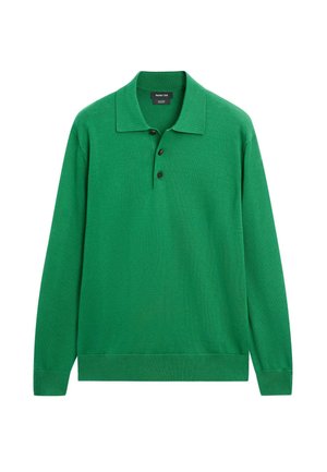 Grünes Strick-Poloshirt mit langen Ärmeln, Kragen und drei dunklen Knöpfen am Steg, gerippte Säume an Ärmeln und Bund.