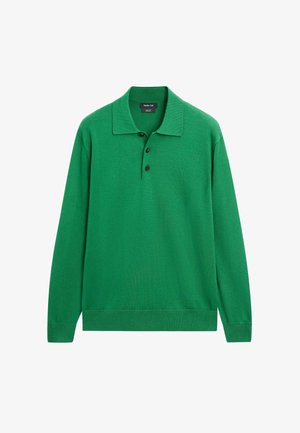 Grünes Strick-Poloshirt mit langen Ärmeln, Kragen und drei dunklen Knöpfen am Steg, gerippte Säume an Ärmeln und Bund.