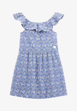 Niebieska sukienka w kwiatowy wzór z falbanką przy dekolcie, bez rękawów i marszczonym stanem. Posiada białą haftowaną ozdobę oraz mały akcent w kształcie serca.