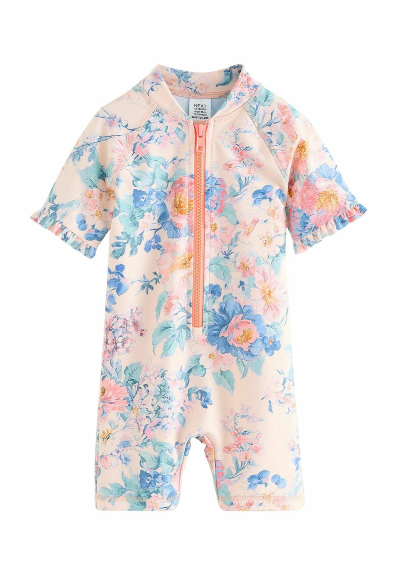 Blomsterprint babydragt med korte ærmer, lyserød baggrund, lynlås foran og flæser ved ærmekanterne. Strækbart, letvægtsmateriale.