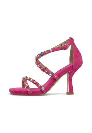 Pinkfarbene Wildleder-Sandalette mit hohem Absatz, quadratischer Spitze, Knöchelriemen und mehrfarbigen Edelstein- und goldenen Nietenverzierungen.
