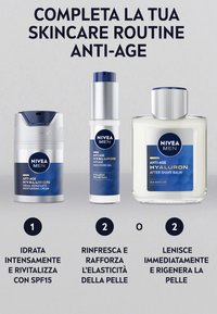 Tre prodotti per la cura della pelle NIVEA MEN: una crema con un coperchio blu, un gel con una pompa argentata e un dopobarba bianco con una parte superiore argentata.