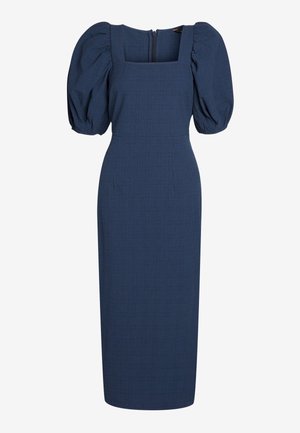 Robe midi bleu marine avec manches courtes bouffantes, encolure carrée, taille cintrée et texture subtile à carreaux.