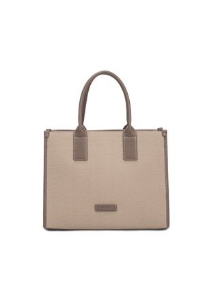 Borsa tote rettangolare beige con manici e rifiniture taupe, tessuto testurizzato e una piccola targhetta con il logo "David Jones" sul davanti.