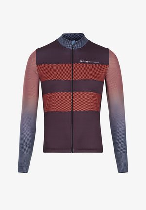 Langsleeve fietsjersey in donkerpaars met een geblokt rood en blauw patroon. Rits aan de voorkant, lichtgewicht, ademend stof.