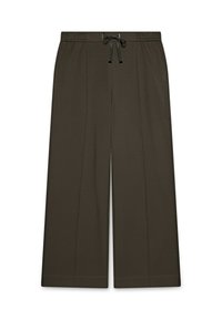Mörkgröna vida byxor med elastisk midja och dragsko. Plisserad design med en slät yta och rena sömmar.