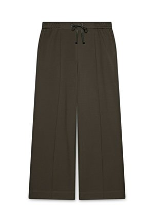 Pantaloni a gamba larga verde scuro con vita elastica e dettaglio con coulisse. Design plissettato, caratterizzato da una texture liscia e cuciture pulite.
