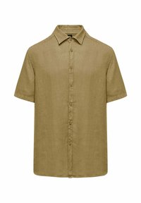 Koszula krótko rękawowa zapinana na guziki z oliwkowego lnu. Posiada klasyczny kołnierz i prosty dół, z sześcioma guzikami z przodu.