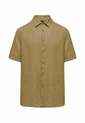 Kurzärmelige Button-up-Bluse aus olivgrünem Leinenstoff. Sie verfügt über einen klassischen Kragen und einen geraden Saum, mit sechs Knöpfen auf der Vorderseite.