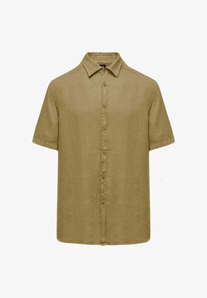 Camicia button-up a maniche corte in lino verde oliva. Presenta un colletto classico e un orlo dritto, con sei bottoni sul davanti.