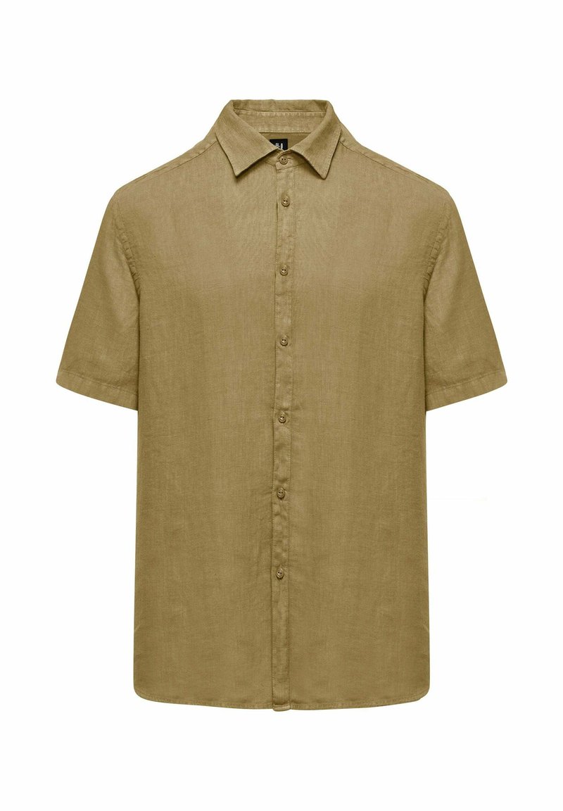 Koszula krótko rękawowa zapinana na guziki z oliwkowego lnu. Posiada klasyczny kołnierz i prosty dół, z sześcioma guzikami z przodu.