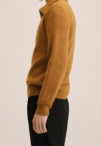 Rostfarbener, strukturierter Pullover mit flachem Kragen und langen Ärmeln, kombiniert mit schwarzen, schlank geschnittenen Hosen; seitliche Ansicht zeigt Passform und Stoff.