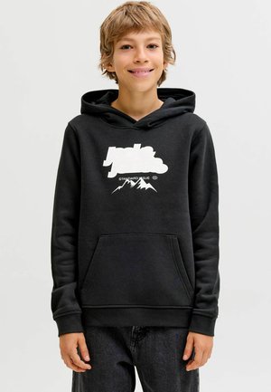 Hoodie noir en tissu doux, avec un logo graphique blanc et un design de montagne sur le devant, doté d'une poche kangourou et de poignets côtelés.