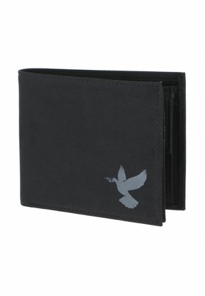 Portefeuille noir bifold avec une colombe grise tenant une branche d'olivier imprimée dans le coin inférieur droit à l'avant.