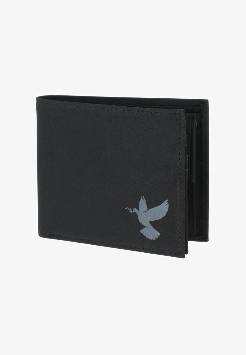Portefeuille noir bifold avec une colombe grise tenant une branche d'olivier imprimée dans le coin inférieur droit à l'avant.