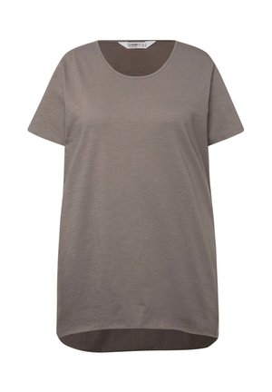 Harmaa lyhythihainen t-paita, joka on valmistettu pehmeästä kankaasta, pyöreä pääntie, rento malli hieman pidemmällä takapuolella ja hienovarainen rakenne.