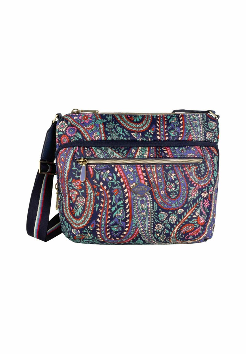 Borsa a tracolla multicolore in tessuto con motivi paisley, tasca anteriore con zip e tracolla regolabile. Sfondo blu navy con accenti floreali.