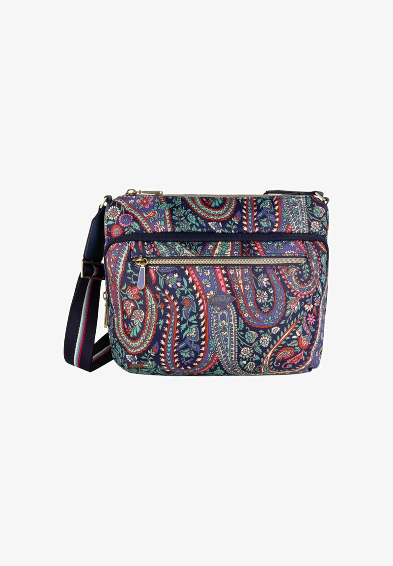 Borsa a tracolla multicolore in tessuto con motivi paisley, tasca anteriore con zip e tracolla regolabile. Sfondo blu navy con accenti floreali.