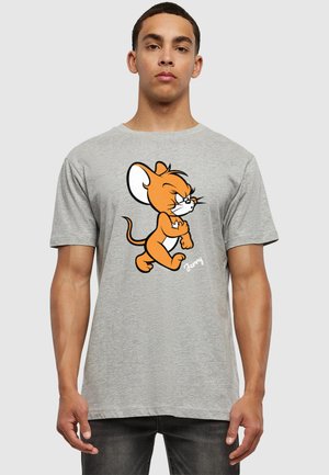Grå bomulds T-shirt med en tegneseriefigur i orange med sorte detaljer. Korte ærmer og en afslappet pasform. Minimalistisk design, ingen mønstre.