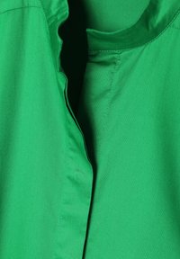 Green shirt featuring a smooth texture, short collar, and side slits. Finishing includes neat stitching and a minimalist design.