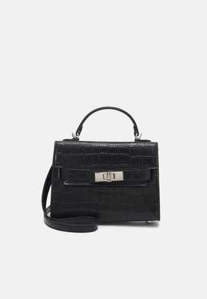 Black croc-embossed handbag with top handle, front silver turn-lock clasp, and detachable shoulder strap on white background.