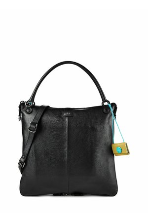 Schwarze strukturierte Lederhandtasche mit einem einzelnen oberen Griff und verstellbarem Schulterriemen, mit einem kleinen gelben Täschchen mit blauer Schnur.