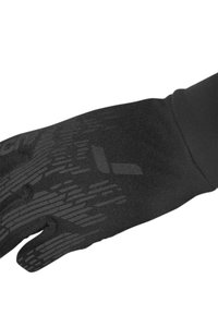 Black glove made of elastic material, featuring a textured grip pattern and fingerless design, with subtle branding and graphics.