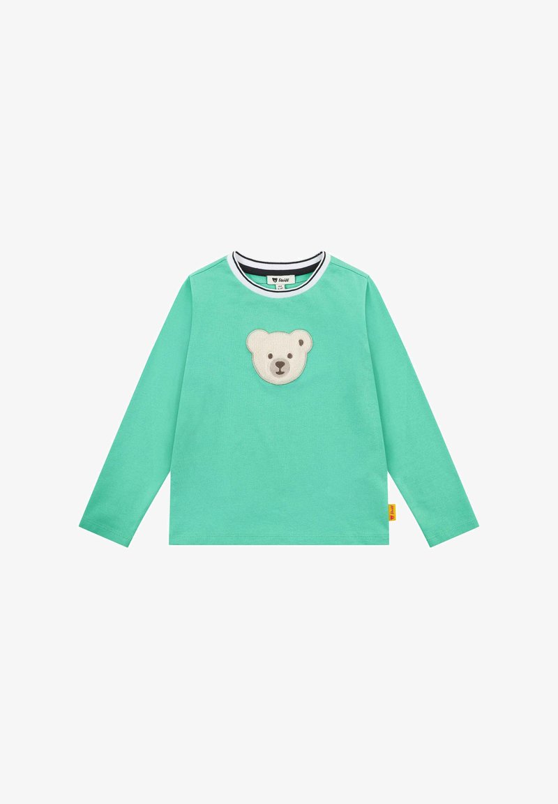 Long-sleeve mint green shirt with a round neckline, featuring a bear face appliqué on the chest and contrasting neck trim. Soft cotton material.