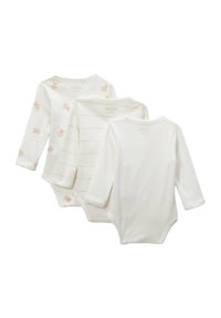 Ensemble de trois bodys à manches longues pour bébé en tissu doux crème. L'un présente un imprimé animal, un autre a de fines rayures et le troisième est uni.