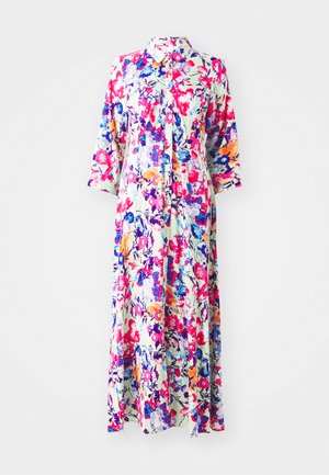 Florales Maxikleid mit Kragen, mit bunten Blumen auf hellem Hintergrund; aus leichtem Stoff, hat lange Ärmel und Knopfverschluss.