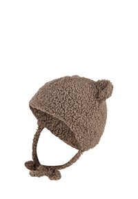 Brown textured fleece baby bonnet with small bear ears and chin ties on a white background.