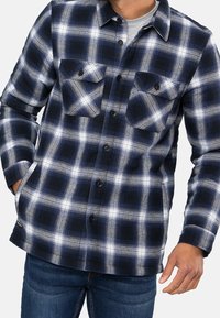 Chemise en flanelle à carreaux bleu marine et blanc avec fermeture boutonnée, deux poches poitrine et manches longues, présentant un ourlet droit et une texture de poids moyen.