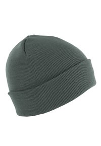 Căciulă tricotată verde, cu margine răsucită, fabricată din material acrilic moale, având o textură netedă și o formă ajustată.