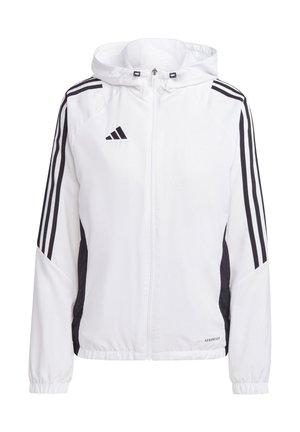 White zip-up jacket with a hood, featuring black side panels and three black stripes on sleeves. Made from lightweight, breathable material.